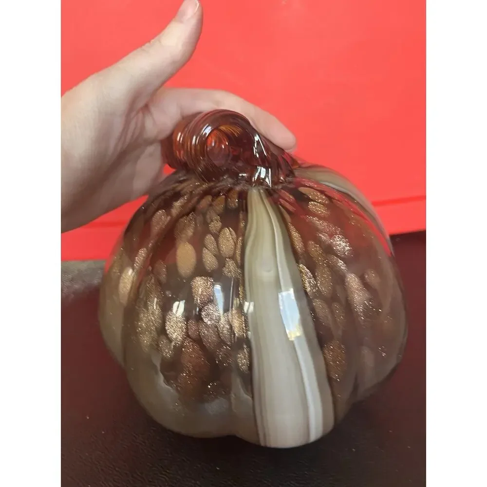 Art Glass Pumpkin Hand Blown Brown Striped Swirl Gold Stem Autumn Harvest 5